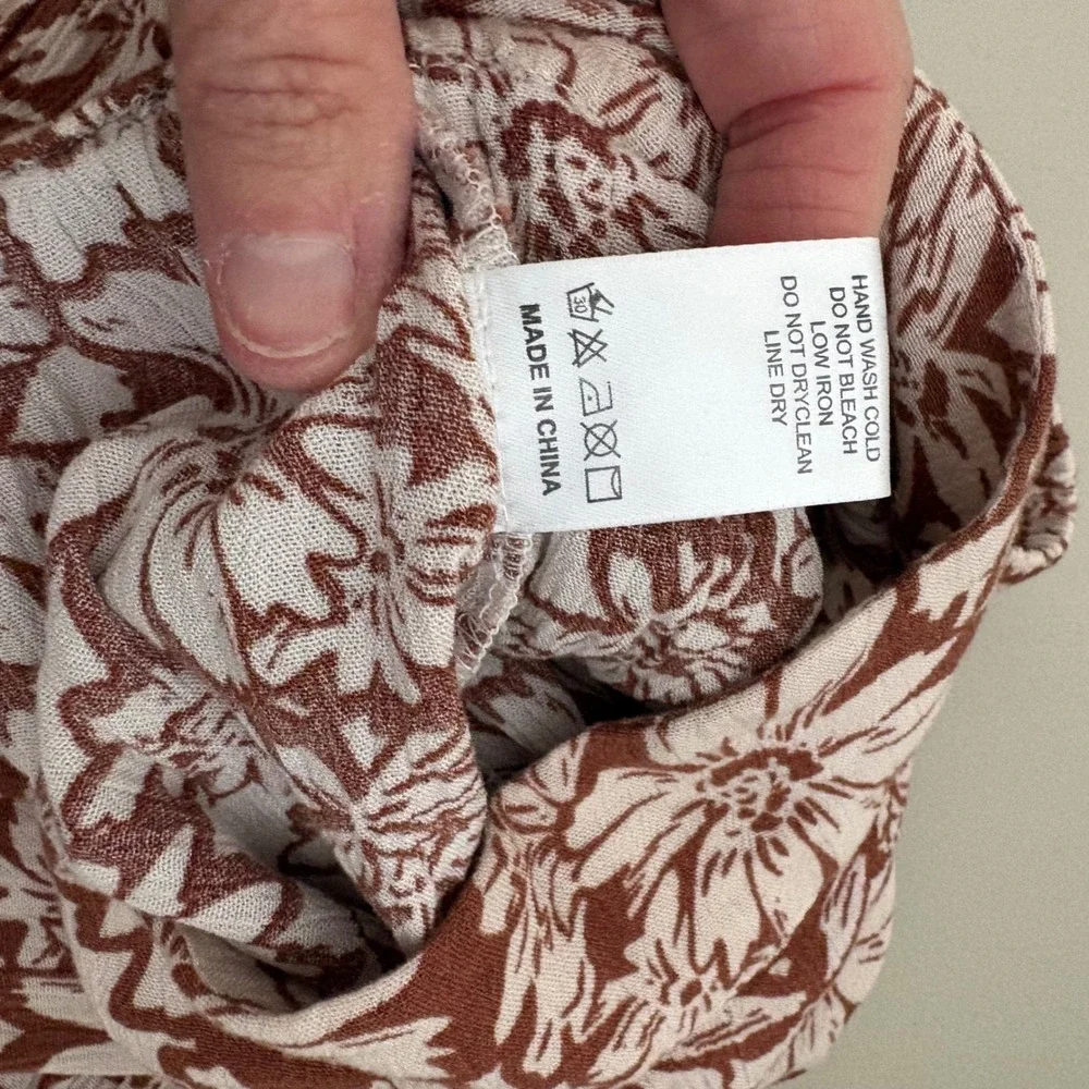 Becool Brown White Floral Wide Leg Pants‎ Womens Large High Rise Rayon Boho